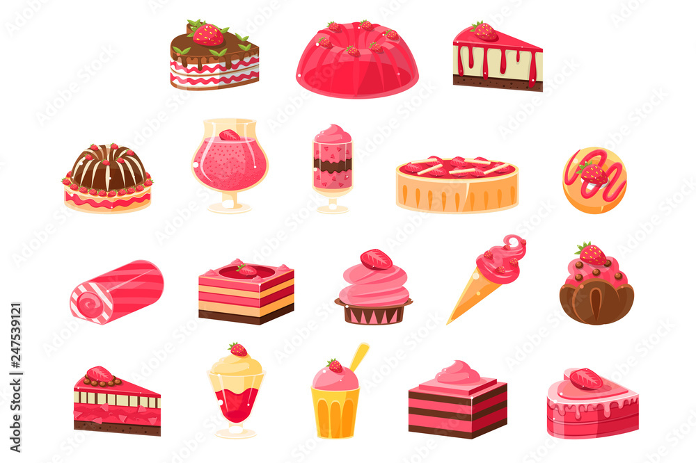Pink sweets and desserts big set, cupcakes, ice cream, cakes with strawberry flavor vector illustration Pink sweets and desserts big set, cupcakes, ice cream, cakes with strawberry flavor vector illustration