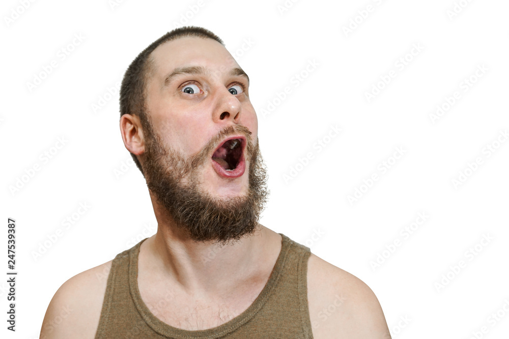 Very surprised scared funny face of a bearded guy with open mouth and big eyes on an isolated background Stock Photo | Adobe Stock Very surprised scared funny face of a bearded guy with open mouth and big eyes on an isolated background Stock Photo | Adobe Stock