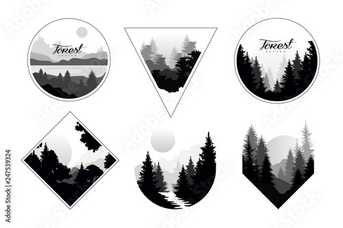 Set of monochrome landscapes in geometric shapes circle, triangle, rhombus. Natural sceneries with wild pine forests. Flat vector for company logo or camping logo