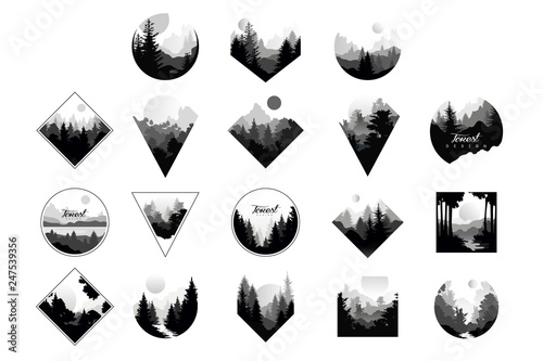 Set of monochrome landscapes in geometric shapes circle, triangle, rhombus. Natural sceneries with wild pine forests. Flat vector for company logo or camping logo