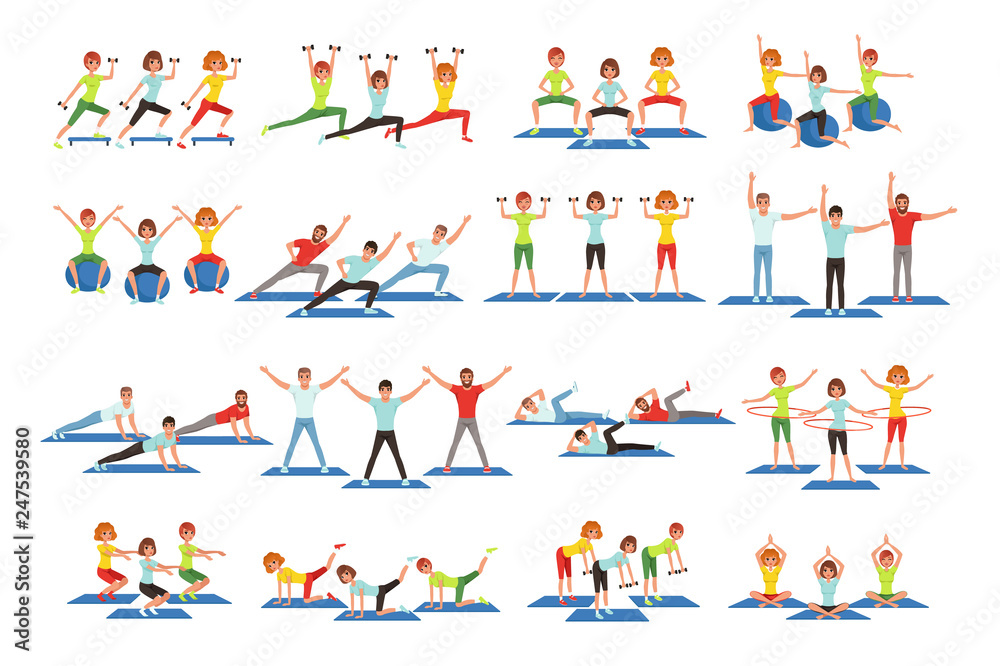 Set of people working out in gym. Young girls and guys doing exercises. Physical activity. Healthy lifestyle. Men and women in sportswear. Flat vector design