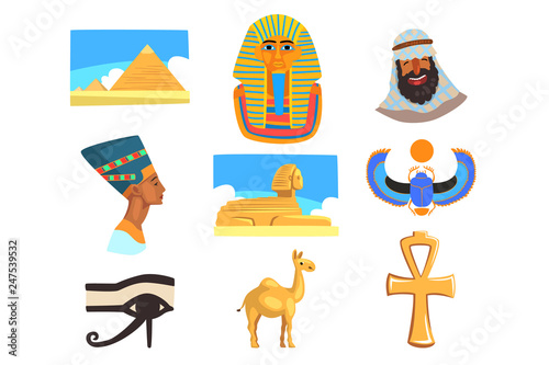 Flat vector set of Egyptian culture elements. Pyramids, camel, man in keffiyeh, Tutankhamen and Nefertiti, Great Sphinx of Giza, Ankh, eye of Horus and scarab beetle