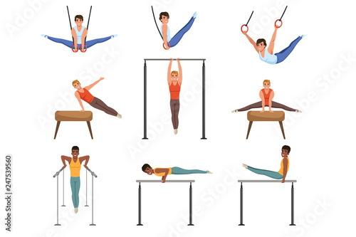 Young guys training on various gymnastics apparatus. Rings, pommel horse, horizontal and parallel bars sport. Professional athletes. Flat vector set