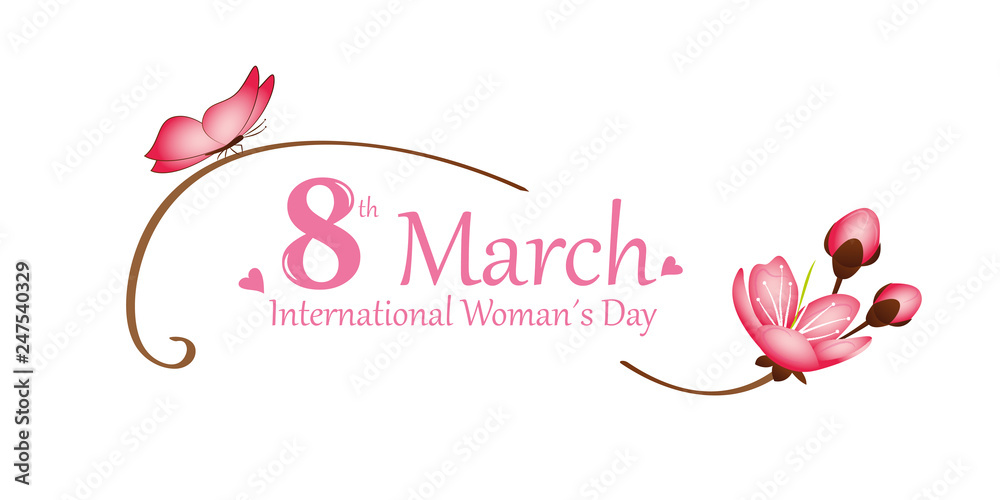 international womans day on 8th march pink butterfly and cherry blossom vector illustration EPS10