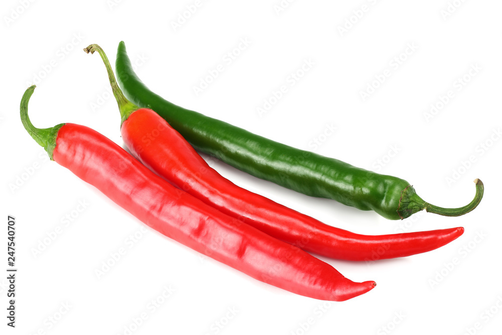 green and red hot chili peppers isolated on white background. top view