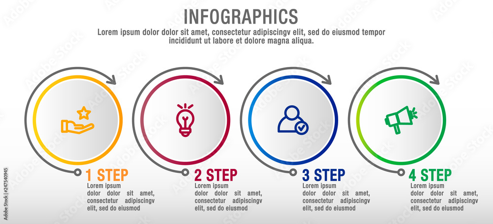 Modern vector illustration. Infographic circles template with four elements, sectors, icons. Designed for business, presentations, web design, interface, workflow layout, diagrams with 4 steps Modern vector illustration. Infographic circles template with four elements, sectors, icons. Designed for business, presentations, web design, interface, workflow layout, diagrams with 4 steps