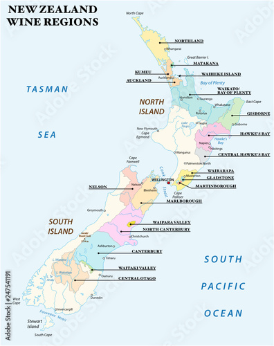 vector map with the most important wine regions of New Zealand
