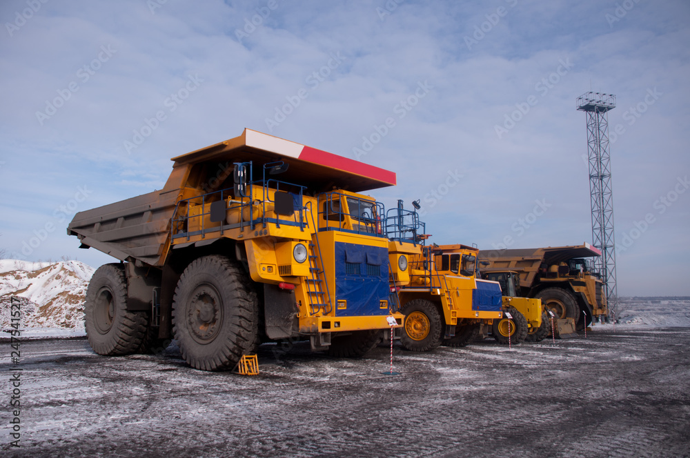 Dump trucks for transporting iron ore and other minerals.