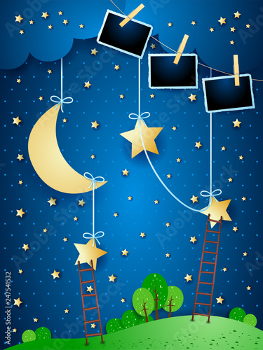 Surreal night with hanging moon, stairways and photo frames