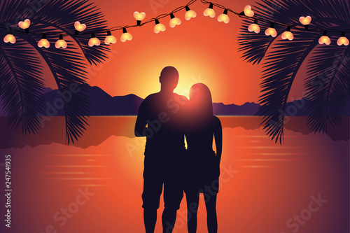 couple enjoy the romantic sunset at paradise beach vector illustration EPS10