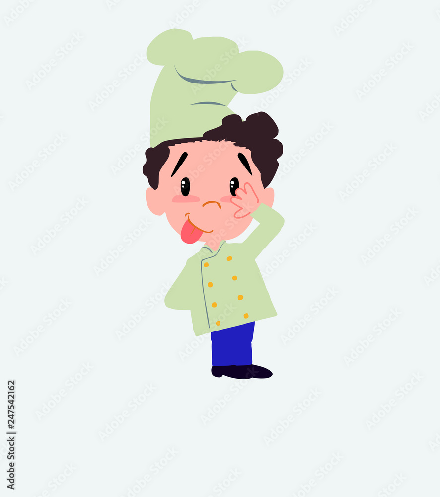 Chef sticks out his tongue in gesture of funny shyness.