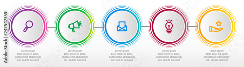 Modern vector illustration. Infographic circles template with five elements, sectors, icons. Designed for business, presentations, web design, interface, workflow layout, diagrams with 5 steps