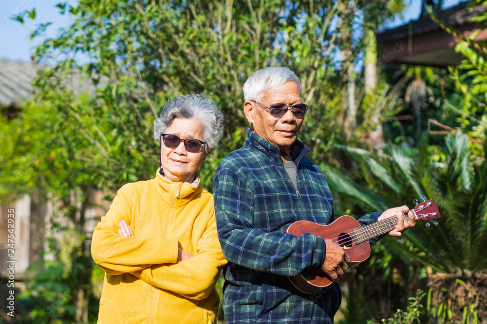 Portrait of romantic elderly man playing ukulele with his wife at home garden. Portrait of romantic elderly man playing ukulele with his wife at home garden.