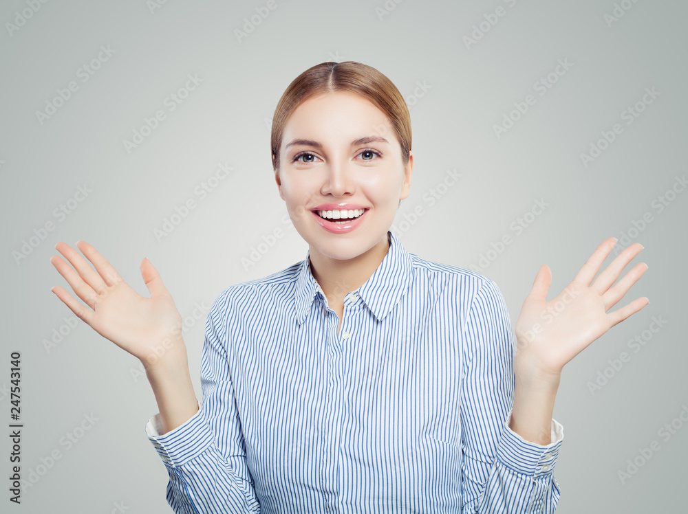 Happy woman on white background, successful business and education concept Happy woman on white background, successful business and education concept