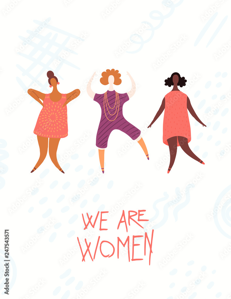 Womens day card, poster, banner, with quote We are women and diverse girls jumping. Hand drawn vector illustration. Flat style design. Concept, element for feminism, girl power.
