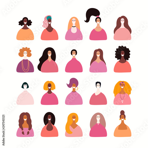 Set of diverse women portraits. Isolated objects on white background. Hand drawn vector illustration. Flat style design. Concept, element for feminism, girl power, womens day card, poster, banner.