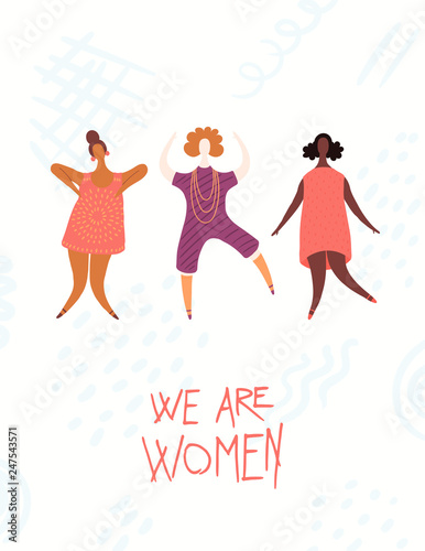 Womens day card, poster, banner, with quote We are women and diverse girls jumping. Hand drawn vector illustration. Flat style design. Concept, element for feminism, girl power.