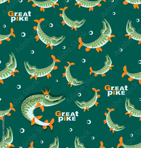 Seamless pattern with pikes. Queen pike. Great pike. Design for the club of fishing enthusiasts  for printing on fabrics or paper.