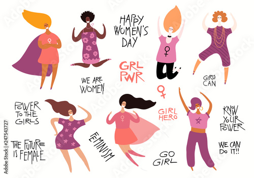 Set of diverse women, quotes about girl power, feminism. Isolated objects on white background. Hand drawn vector illustration. Flat style design. Concept, element for womens day card, poster, banner.