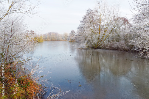 Down the length of a shallow, frozen lake fringed with frost covered trees