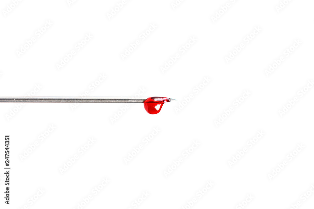 Blood drop on needle of syringe Blood drop on needle of syringe