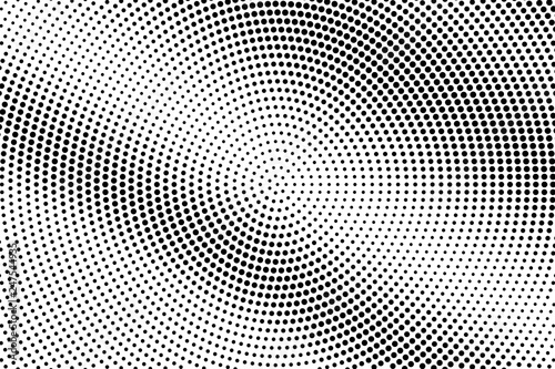 Black on white round halftone texture. Frequent dotwork gradient. Distressed dotted vector background.