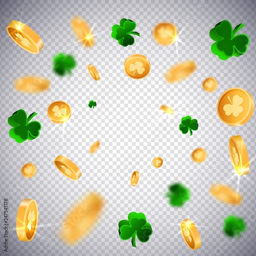 3d Gold lucky coins with Saint Patrick Day traditional symbol shamrock three leaf clovers-modern trendy flyer concept on transparent background,mockup banner design,poster,brochure,web online concept