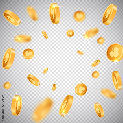 3d Gold lucky coins with Saint Patrick Day traditional symbol shamrock three leaf clovers-modern trendy flyer concept on transparent background,mockup banner design,poster,brochure,web online concept