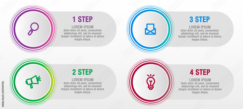 Fototapeta premium Modern vector illustration 3D. Infographic circles template with four elements, sectors, icons. Designed for business, presentations, web design, interface, workflow layout, diagrams with 4 steps