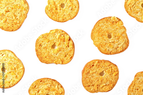 Pizza flavored baked crispy bread rusks, snacks isolated on white background, top view © dule964