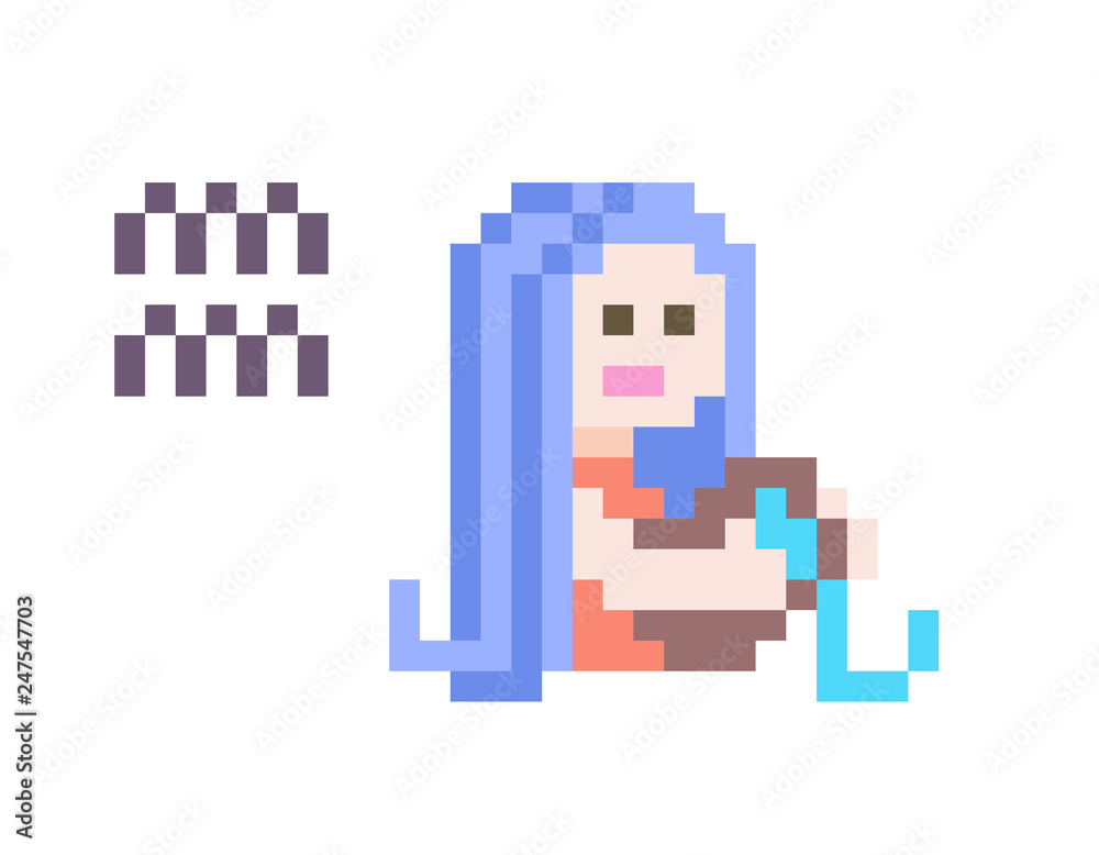 Obraz premium Aquarius Zodiac sign icon, 8 bit pixel art blue-haired water-bearer girl with a jar isolated on white background. Astrological symbol. Esoteric science logo. Horoscope emblem.