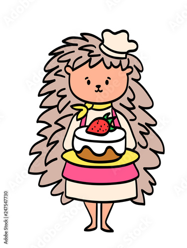 Female chef hedgehog in uniform serving strawberry cake, funny cute cartoon character isolated on white background. Restaurant/cafe/bakery mascot. Culinary school teacher.