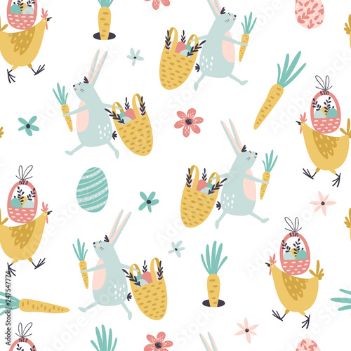 Seamless pattern with easter eggs, flowers, rabbit and hen