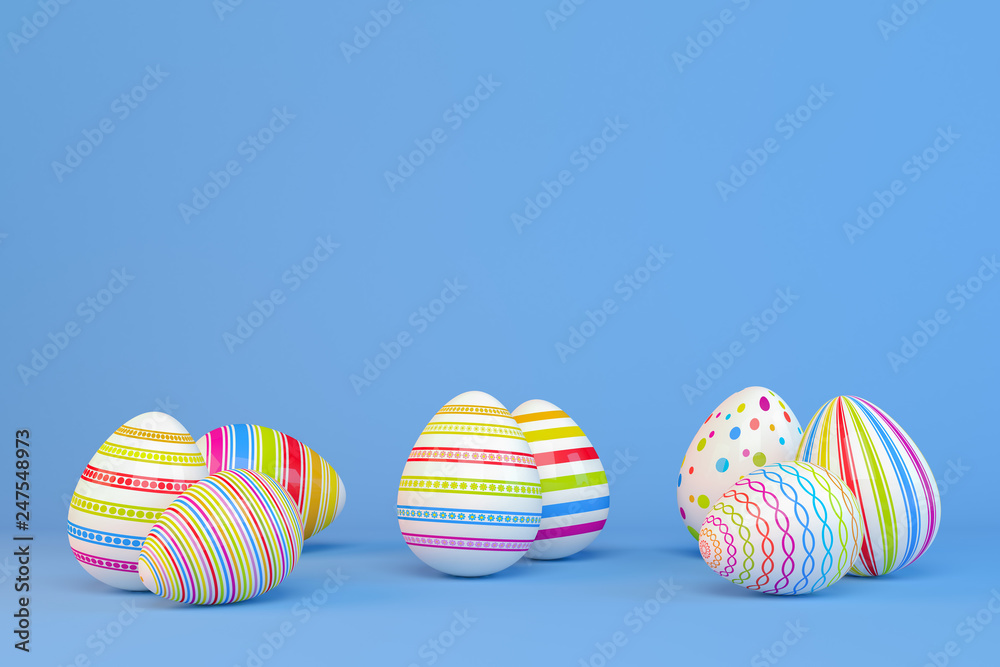 Frohe Ostern - 8 farbenfrohe, bemalte Ostereier auf blauen Hintergrund - Textfreiraum - Oster Frohe Ostern - 8 farbenfrohe, bemalte Ostereier auf blauen Hintergrund - Textfreiraum - Oster