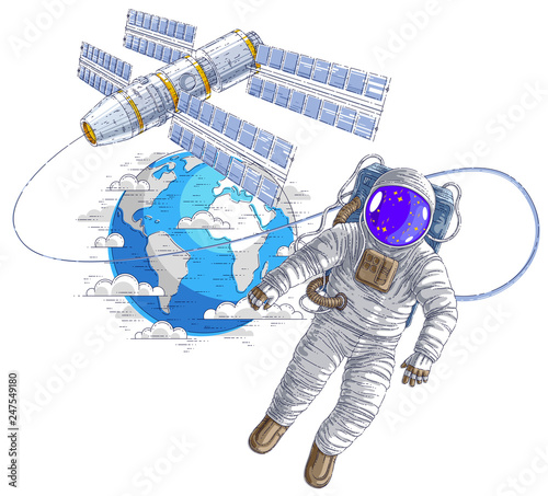 Spaceman flying in open space connected to space station and earth planet in background, astronaut man or woman in spacesuit floating in weightlessness and iss spacecraft behind him. Vector.