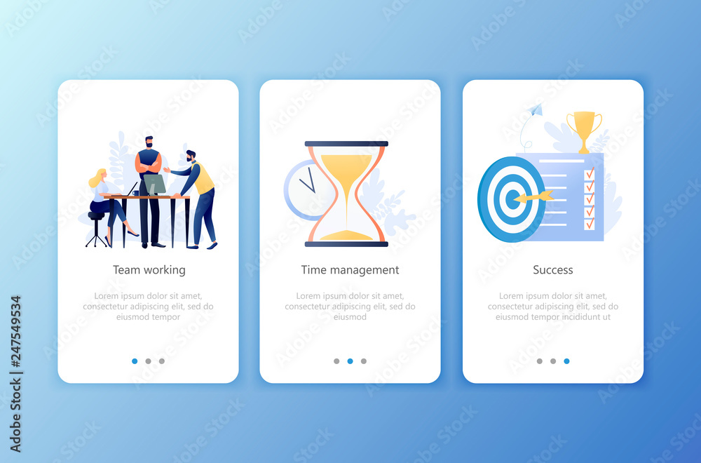 Teamwork, Time management, Success. Set of onboarding screens user interface kit. Mobile application templates. Website, web page. Modern UX, UI. Flat business concept vector illustration.