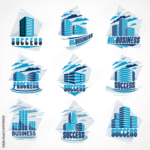 Office buildings set, modern architecture vector illustrations collection. Real estate realty business center designs. 3D futuristic facades in big city. Can be used as a logos or icons.