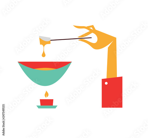Gourmet Swiss fondue dinner vector flat illustration