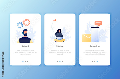Startup, Support, Contact us. Set of onboarding screens user interface kit. Mobile application templates. Website, web page. Modern UX, UI. Flat business concept vector illustration.