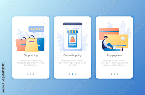 Online shopping, Shops rating, Easy payment. Set of onboarding screens user interface kit. Mobile application templates. Website, web page. Modern UX, UI. Flat business concept vector illustration.