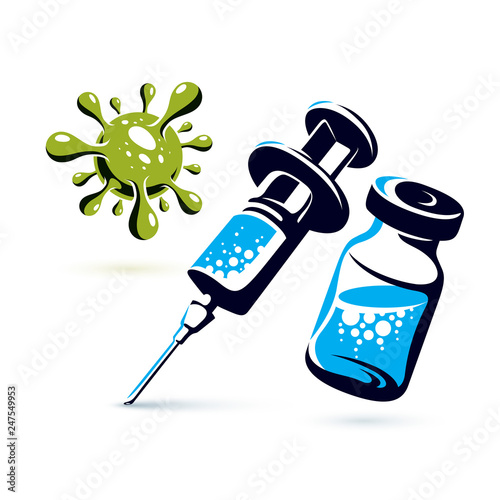 Vector graphic illustration of bottle with medicine and disposable syringe for injections to kill a virus. Scheduled vaccination theme