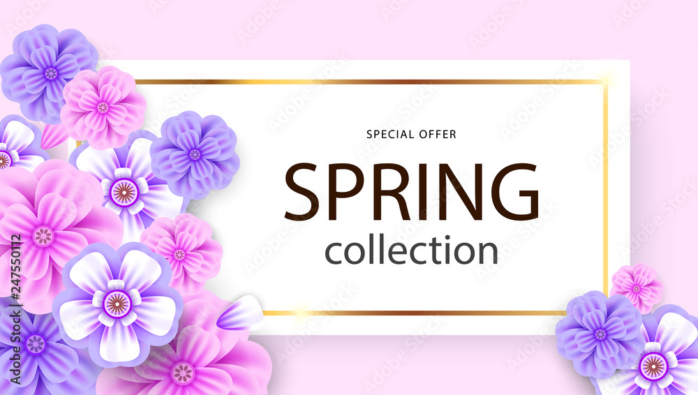 Spring collection typography banner with flowers in realistic style on purple background. Invitation, posters, brochure, voucher discount. Vector illustration design