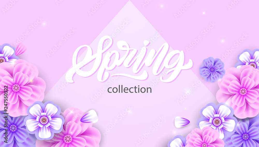 Spring in lettering style banner with flowers in realistic style on creative background. Invitation, posters, brochure, voucher discount. Vector illustration design