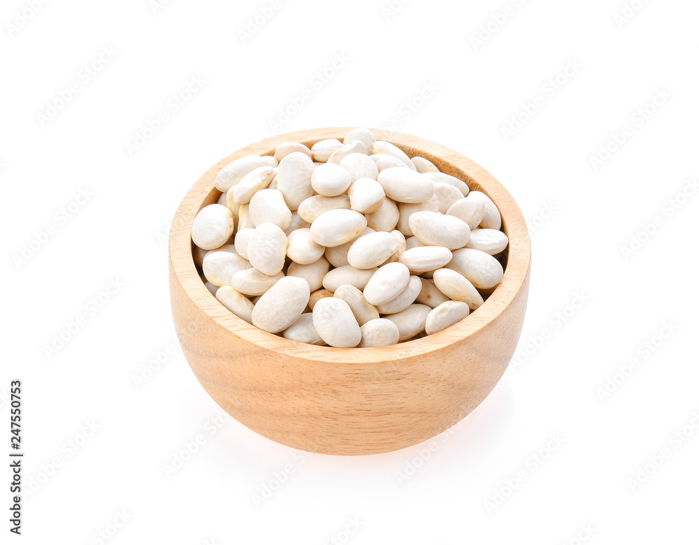 White beans in wood bowl isolated on white background