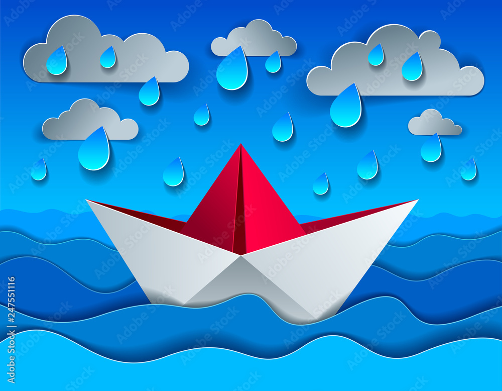 Origami paper ship toy swimming in rain over ocean, curvy waves of the sea and clouds in the sky, beautiful vector illustration in paper cut style.