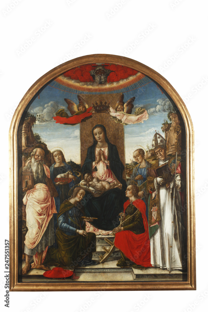 Madonna and Child on the throne crowned by two angels, with God the Father, Saint Jerome, Agnes, Lucia, Catherine of Alexandria, Ursula, and Bernard of Clairvaux