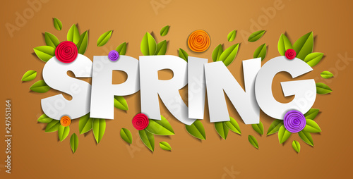 Spring papercut word with flowers and leaves vector modern style cartoon paper cut 3d illustration.