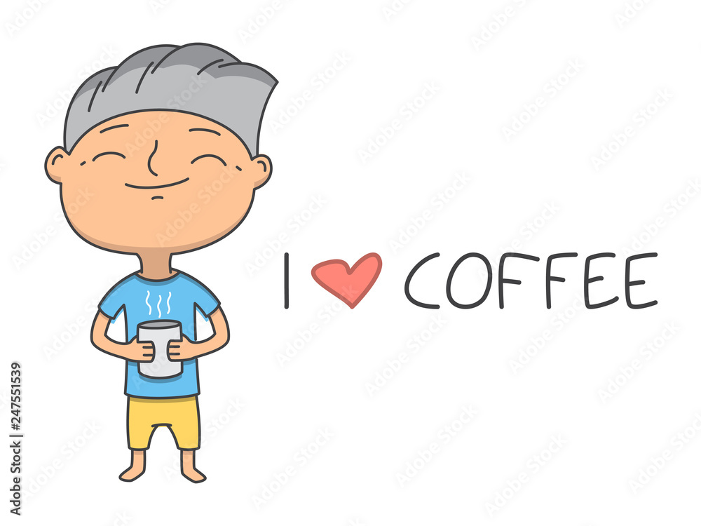 Vector line poster. I love coffee. Man with a cup of coffee Vector line poster. I love coffee. Man with a cup of coffee