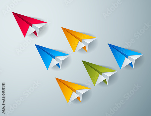 Leadership concept visualized with origami folded plane toys one of them is flying in the front and leading the team group, vector modern style 3d illustration.