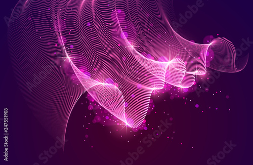 Wave of flowing magic particles over dark relaxing illustration, transparent tulle textile on wind. Round dots vector abstract background. Beautiful wave shaped array of blended points.